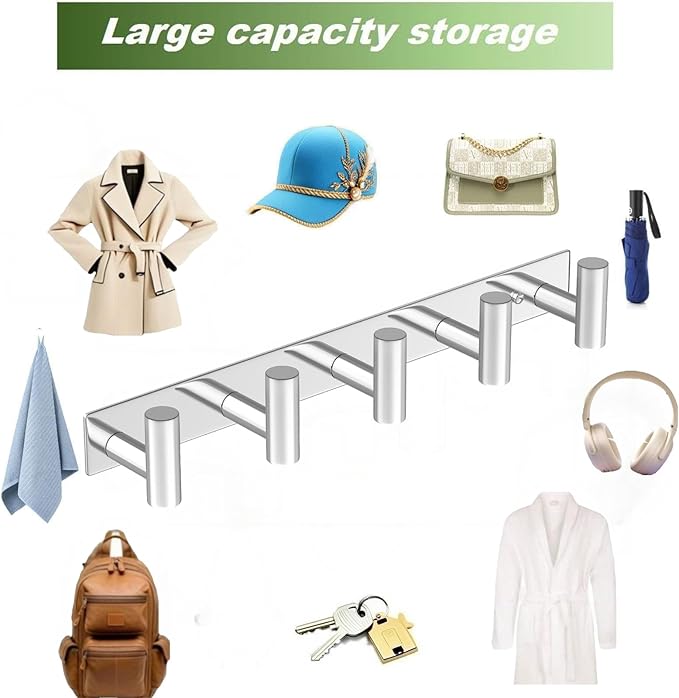 VINHOLD Wall Mounted Coat Rack-5 Hooks, Heavy Duty Stainless Steel Wall Hooks for Towel Coat Bag, Hat Rack Coat Hanger Coat Hooks Towel Racks for Bathroom Entryway Kitchen Hotel (Glossy, 1 Pack)