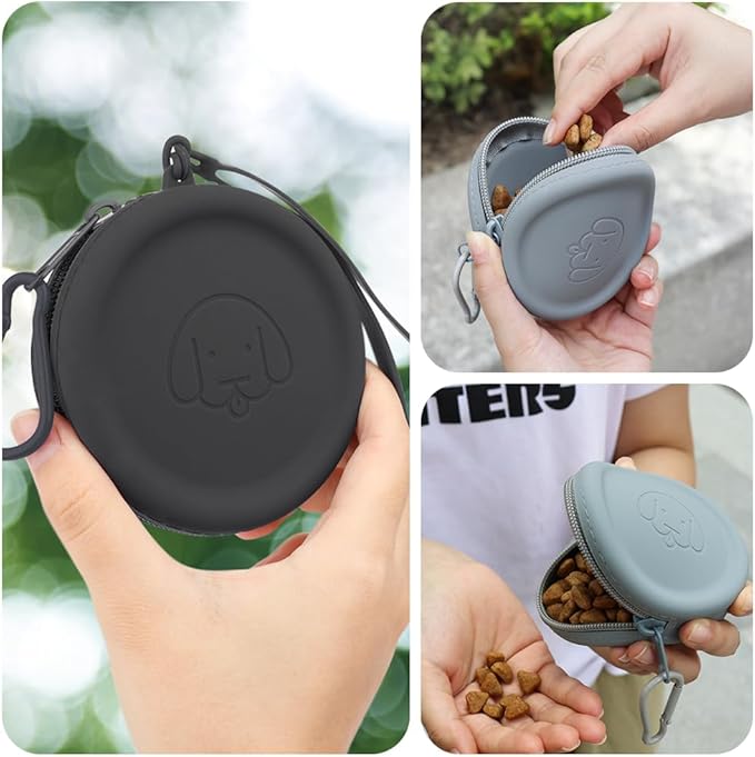 WALLFID Silicone Dog Treat Pouch Small Bag,with Pet Training Clicker,Walking Bag for Dog and Cat, Pocket Size, Easy to Clean, Odorless, Zipper Design,Moisture-Proof,Travel Walking Bag.(Black)