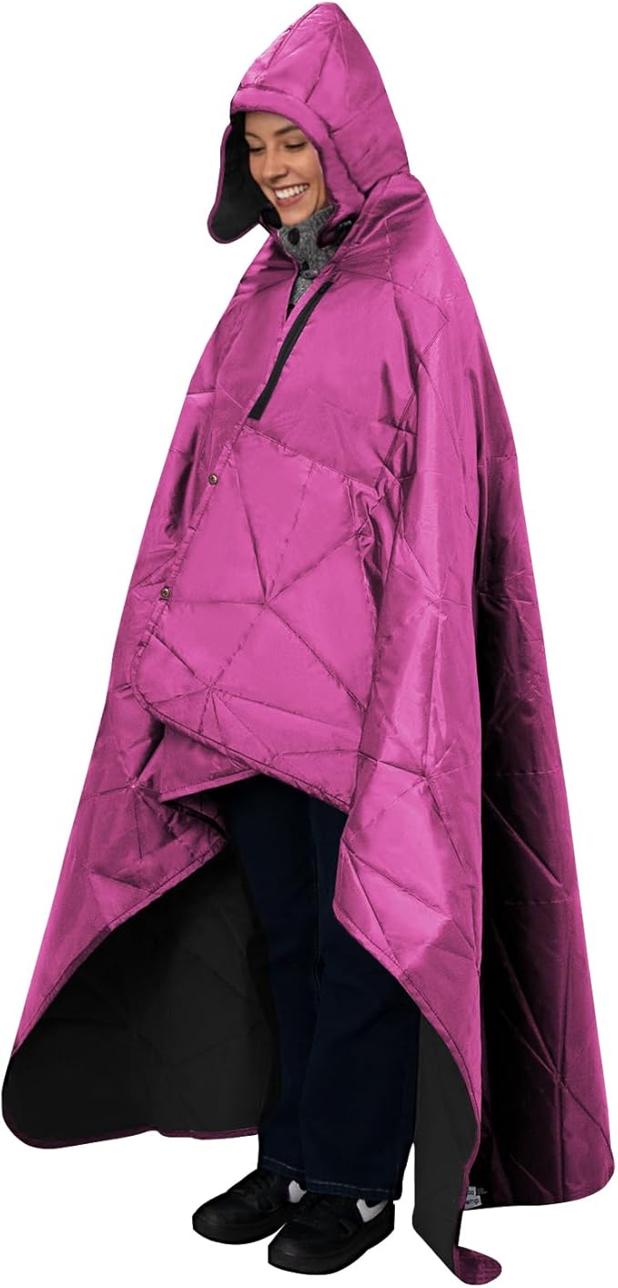 KawaGebo Kamp Outdoor Waterproof Blanket, Foldable Fleece Stadium Blanket for Outdoor Sports Event, Camping, Car, Pet, Picnics - Windproof, Wearable, Machine Washable 80" x 58" (Rose Purple,Hooded)