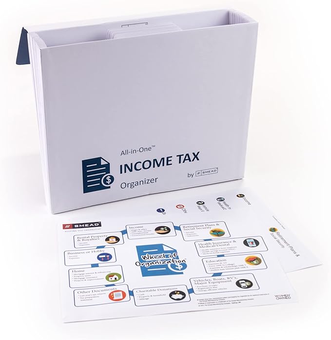 Smead All-in-One Income Tax Organizer, 12 Pockets, Flap and Cord Closure, Letter Size, Navy/White (70660)