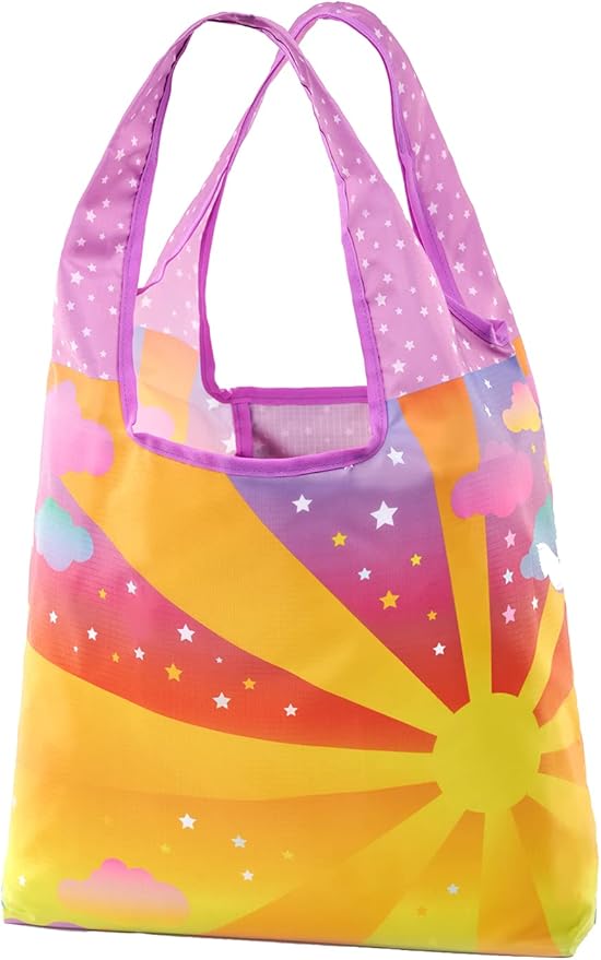 O-WITZ Reusable Grocery Bags | Vibrant Tote Bag For Groceries, Gym, Beach Gear, Toys & More | Washable Design With Large Handles For Maximum Convenience | Folds Into A Small Pouch, Psychedelic Sun