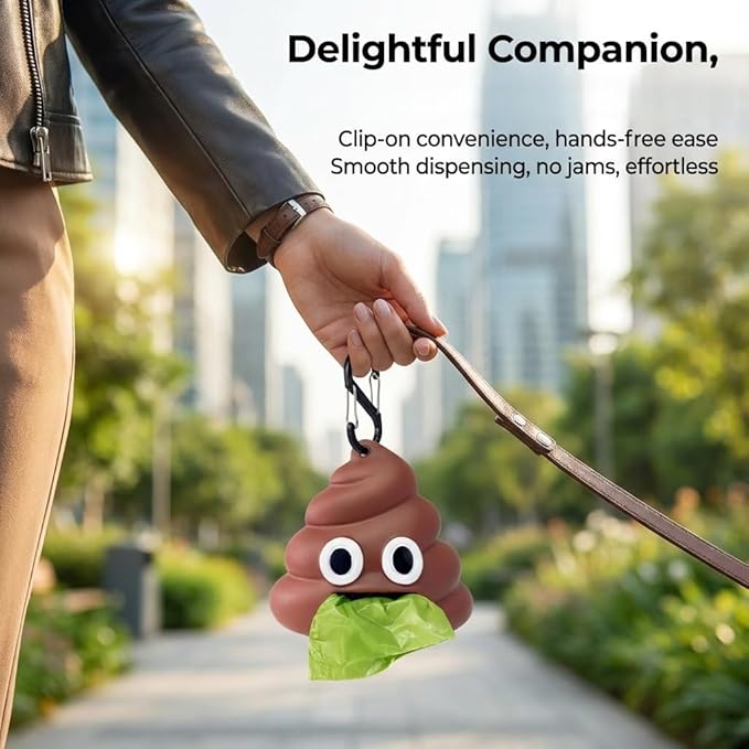 Dog Poop Bag Holder for Leash, Cute Poop Shape Design, Sturdy Dispenser Includes 1 Roll 15 Waste Bags