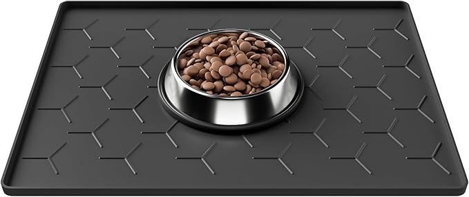 Pieviev Dog Cat Food Bowl Mat, Silicone Waterproof Food Grade Pet Food Mat for Floor, High Raised Edge to Prevent Spills, Non-Slip & Easy Clean Pet Placemat for Dog & Cat Bowls, 16''x12'', Black