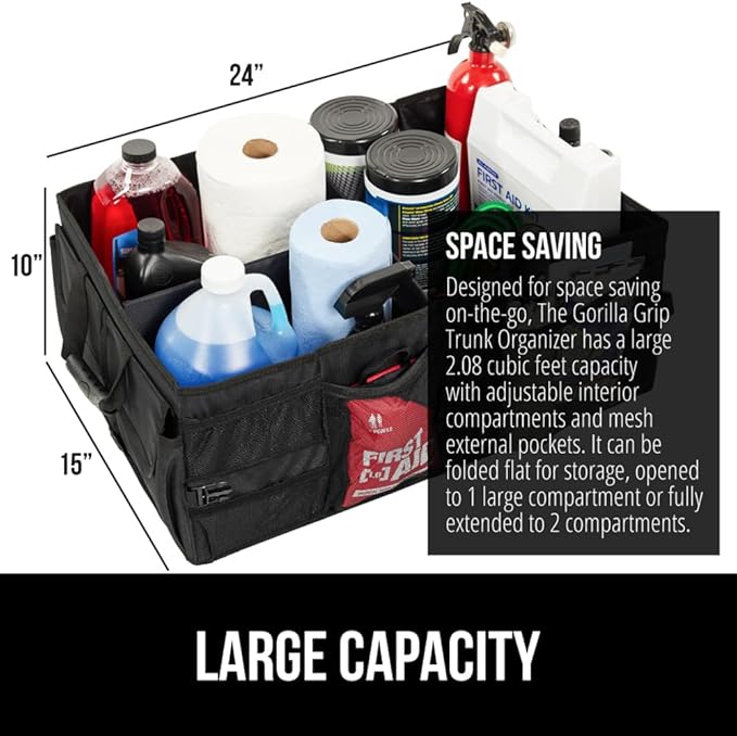GORILLA GRIP Large Capacity Sturdy Trunk Storage Organizer, Slip and Water Resistant Collapsible Organization Container, Holiday Gifts for Men, Women, Multi Compartment Car or SUV Accessories, Black