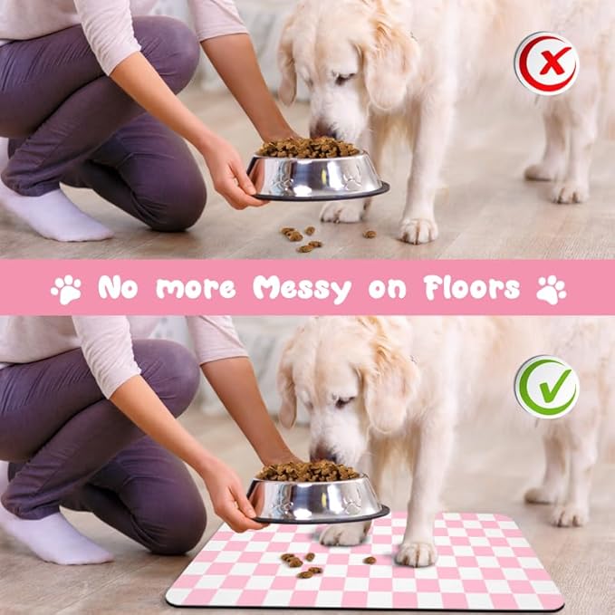 Dog Food Mats for Floors Waterproof, Pet Water Bowl Mats Pet Feeding Absorbent Placemats Plaid 24 * 32 inch