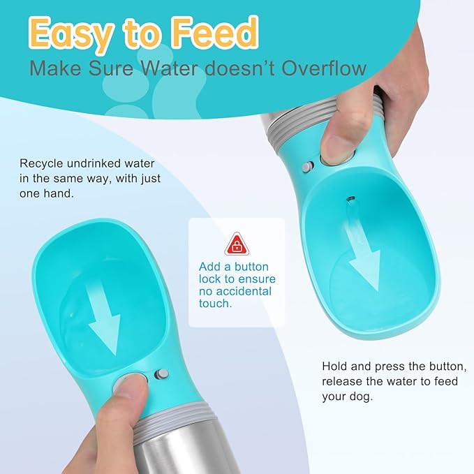 Portable Dog Water Bottle, 14 OZ, Stainless Steel Leak Proof Puppy Water Dispenser with Drinking Feeder for Pets Travel, Walking, Hiking and Outdoor Activities