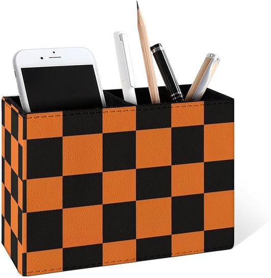 Famame Orange And Black Grid Pattern Pencil Holder for Desk, Leather Desktop Container Pen Cup Storage Study Table Pen Organizer Makeup Brush Holder for Classroom Office Home