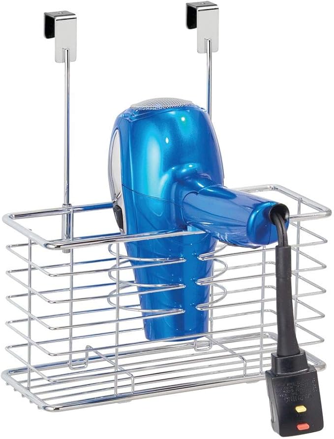 mDesign Steel Over Cabinet Hair Dryer Holder Storage, Chrome, 5.2in x 10.2in x 12.3in