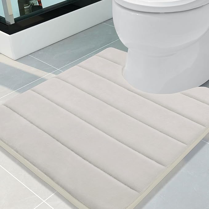 Buganda Memory Foam U-Shaped Contour Toilet Rugs, Non Slip Absorbent, Thick Soft Washable Bathroom Mat, Floor Carpet Bath Rugs Mat for Toilet Base (24" x 20", Cream)