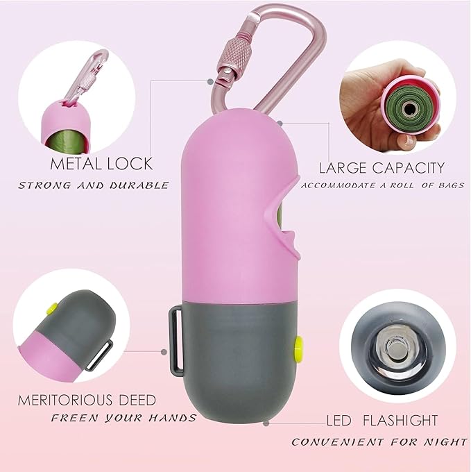 Morn Light 2 Pack Poop Bag Holder with Flashlight Waste Bag Dispenser for Leash with Clip and Battery Poop Bag Dispenser with Green Scented Poop Bags for Dog Walking(Pink,2 Dispenser 60 Bags)