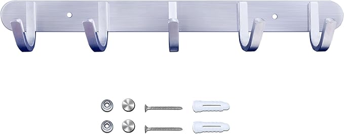 Sagmoc Coat Hook Rail Brushed Nickel 14-inch Towel Rack Wall Mounted with 5 Hooks/Durable Coat Hangers for Bedroom, Bathroom, Foyer, Hallway/304Stainless Steel/Easy to Install/Rust and Water Proof