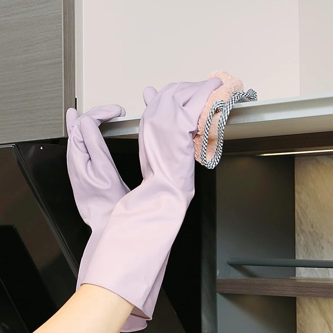 COOLJOB Large Household Rubber Gloves with Cotton Liner & Non-slip Grip, Waterproof Long Lasting Dishwashing Gloves for Kitchen & Bathroom Cleaning, Purple, 1 Pair