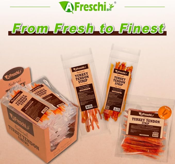 AFreschi Turkey Tendons for Dogs, USA-Sourced, Healthy Dog Treats, Rawhide-Free Puppy Chews, Long Lasting, All Natural, Hypoallergenic Dog Treats for Small Breeds, 3 oz Pack Strips