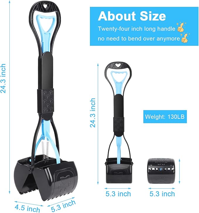 Non-Breakable Pooper Scooper for Large Medium Small Dogs with 24.3inch Long Handle High Strength Material Durable Spring, Easy Grass and Gravel Pick Up