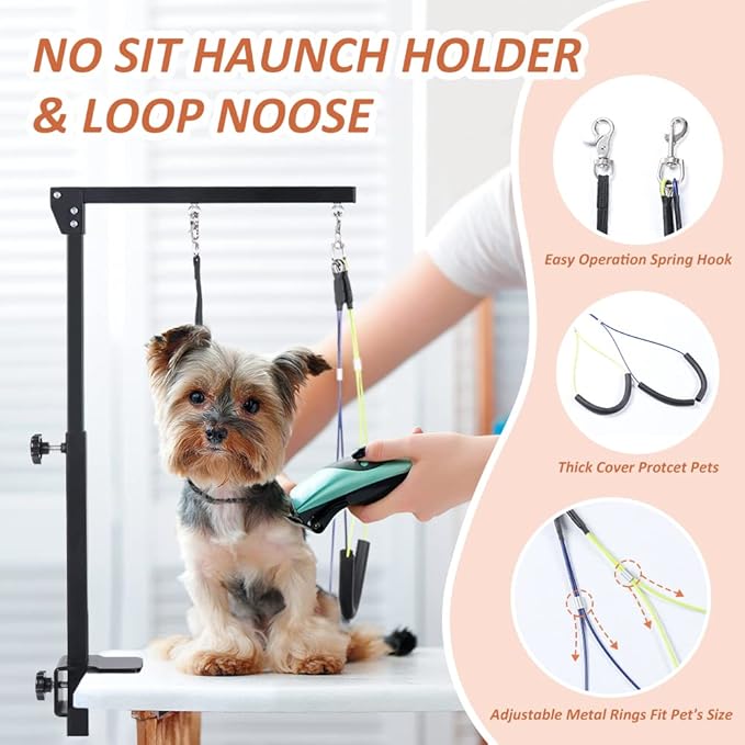 Dog Grooming Arm with Clamp and Grooming Hammock, 36" Height Foldable Dog Grooming Table Arm with No-Sit Holder and Loop Noose, Dog Grooming Stand for Small Medium Dogs at Home or Salon