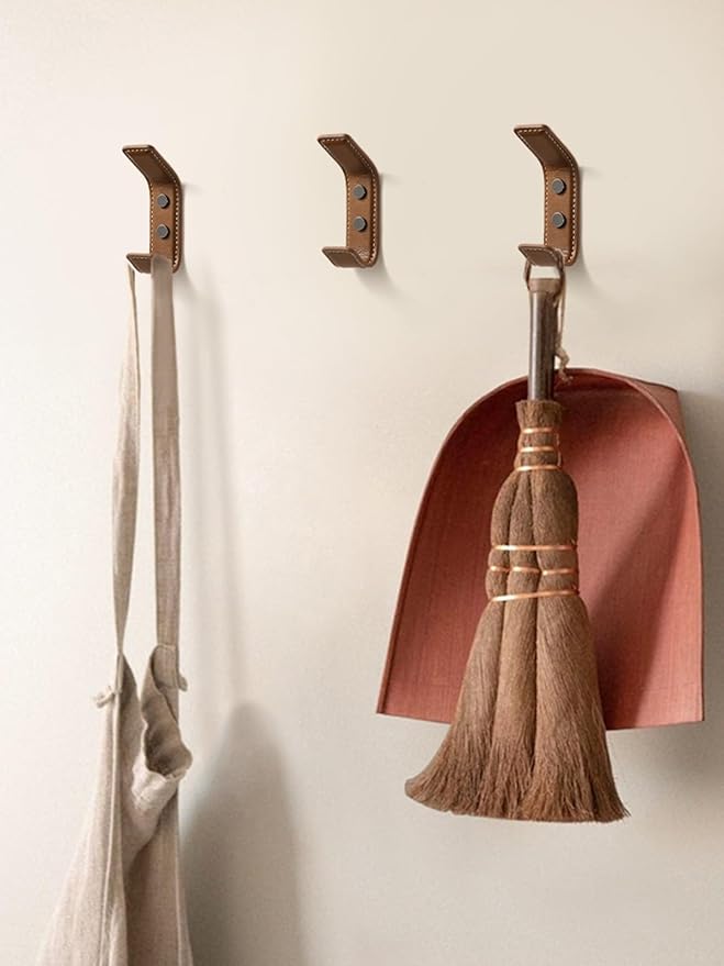 4 Pack Brown Leather Coat 2 Hooks Wall for Hanging Rectangle Coat Hooks for Hanging Robe Towels Bags Hats Scarf Keys Clothes Suitable for Bedroom, Entryway and Closet