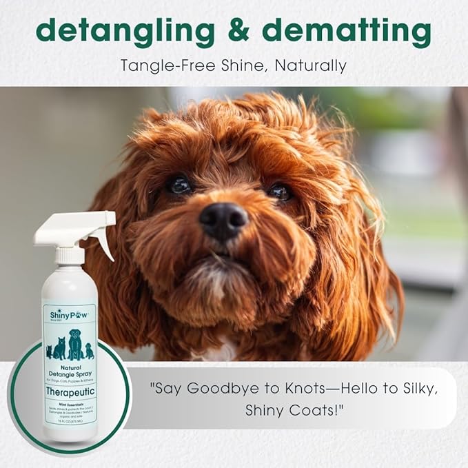 Pet Detangler Spray for Dogs & Cats 16 oz by Shiny Paw | Mint Essentials Detangler Spray | Hypoallergenic Dogs Detangler | Shines & Restores Coat | Made in The USA