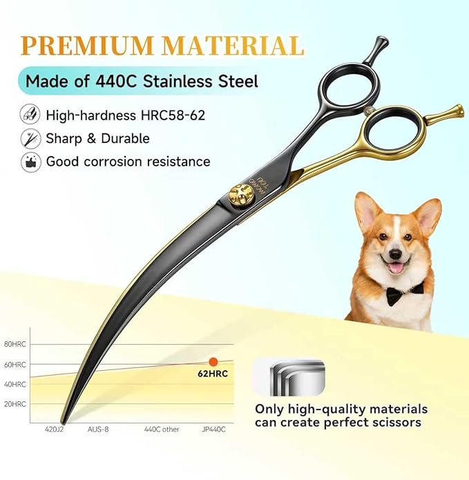 45°Super Curved Dog Grooming Scissors 440C Stainless Steel CNC 7.5'' Big Arc Curved Dog Shears Sharp and Durable for Professional Groomers