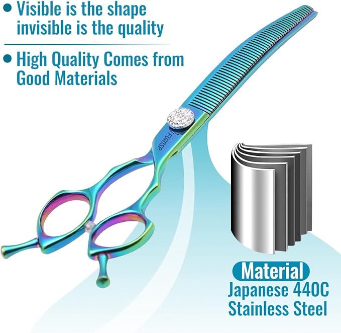 Professional Curved Thinning Shears Dog Grooming Scissors 7.5'' Blue Green Curved Thinner Scissors for Grooming Large Dogs Pet 56 Teeth Japan 440C(Curved Thinner,Turquoise)