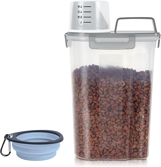 LEAWALK 3-5Lbs/3Qt Dog Cat Food Storage Container With foldable bowl. Plastic Pet Food Dispenser for Small Animal Kibble/Pet Food/Bird Seed/Oatmeal/Rice/Flour/Brown Sugart/Cereals (Clear Grey)