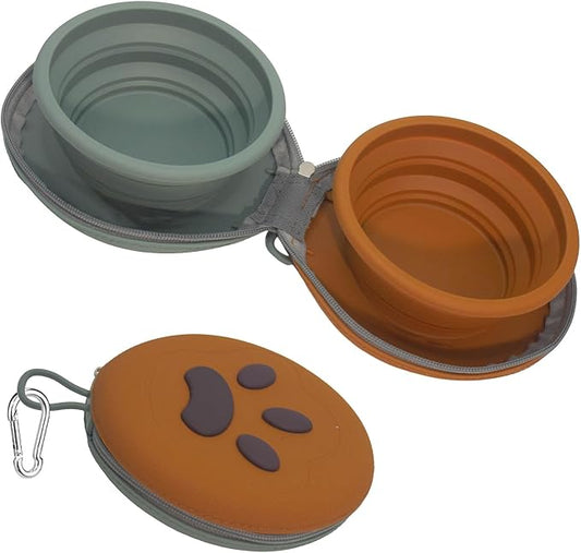 Collapsible Dog Bowls, 2-in-1 Silicone Pet Food and Water Bowl with Carabiner, Portable Double Compartment Dish for Travel, Camping, Hiking Puppy Essentials (Green browen)