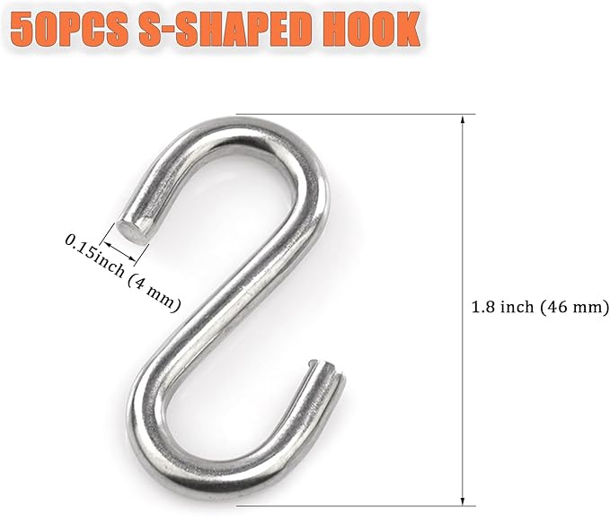 50 Pcs Heavy Duty S Hooks for Hanging, 304 Stainless Steel S Shaped Hooks, 2 in Long Metal Hangers Hanging Hooks for Kitchen, Work Shop, Bathroom, Garden, Max 176 Lbs
