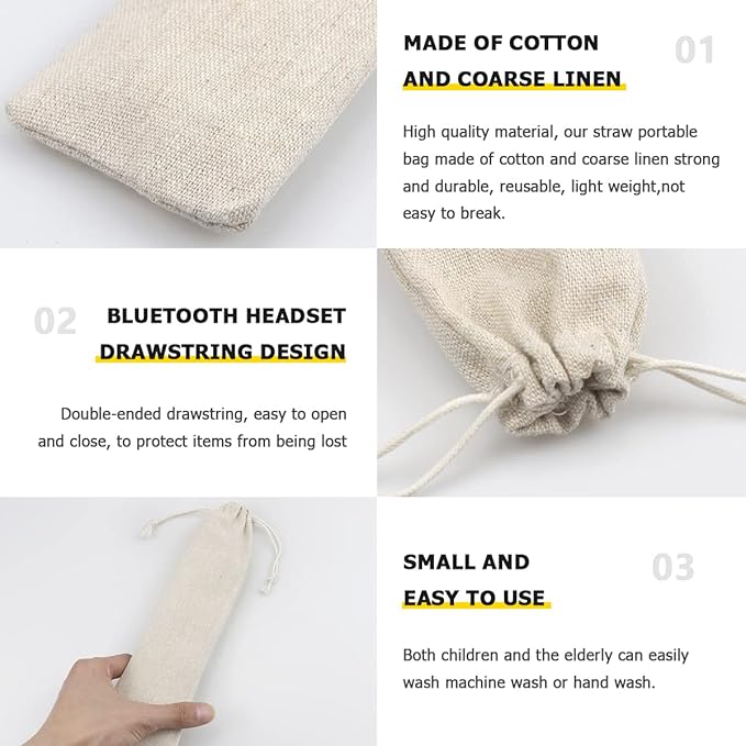 FERCAISH 20 Pcs Portable Travel Cotton and Linen Pouch Bag, Drawstring Straw Storage Bag - Safety and Reusable Storage Box Case for Fork Spoon Straw Cutlery Kit