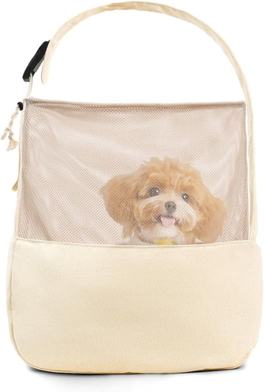 ONECUTE Dog Sling Carrier for Small Dogs and Cats, Lightweight Collapsible Pet Travel Bag with Adjustable Strap, Side Pockets & Breathable Mesh (Beige, 15.7" L x 5.9" W x 8.6" H)