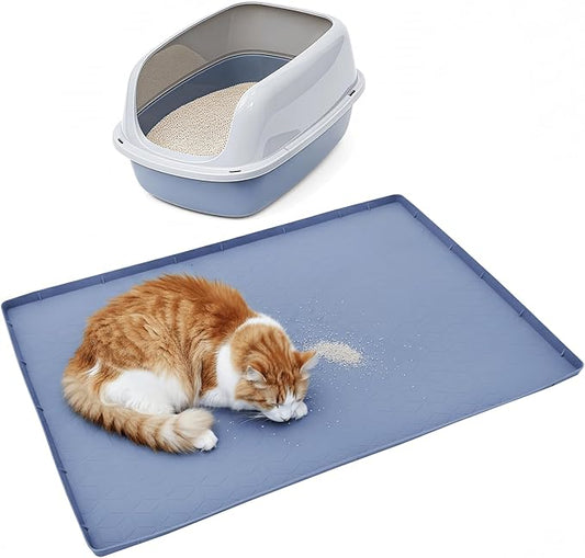 Waterproof Cat Litter Mat, Large Silcone Trapper for Litter Box & Food Bowls, Durable Kitty Floor Mat Diamond, Easy to Clean (31"X22"- Grey)