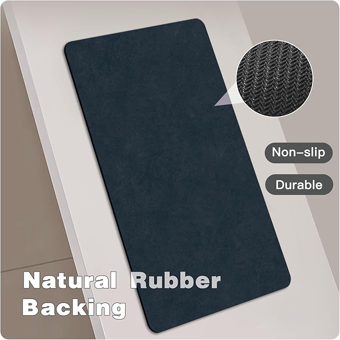 Bathroom Mat Quick Dry, Bathroom Rugs Non Slip Washable Thin Absorbent Bath Mat Fits Under Door Bathroom Floor Mat Perfect for Bath, Shower, or Sink 16"x24" Navy Blue
