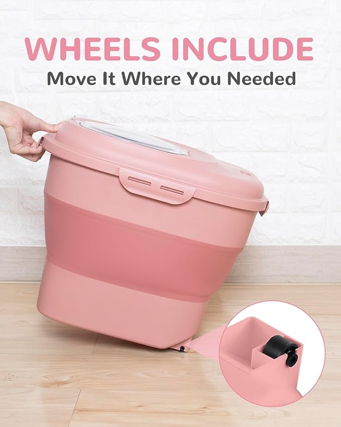 DDMOMMY 30-35 Lbs Dog Food Storage Container Collapsible Dog Food Container with Airtight Lids, Wheels, Scoop and 2pcs Food Storage Containers, Large Pet food storage for Dog, Cat (Pink)