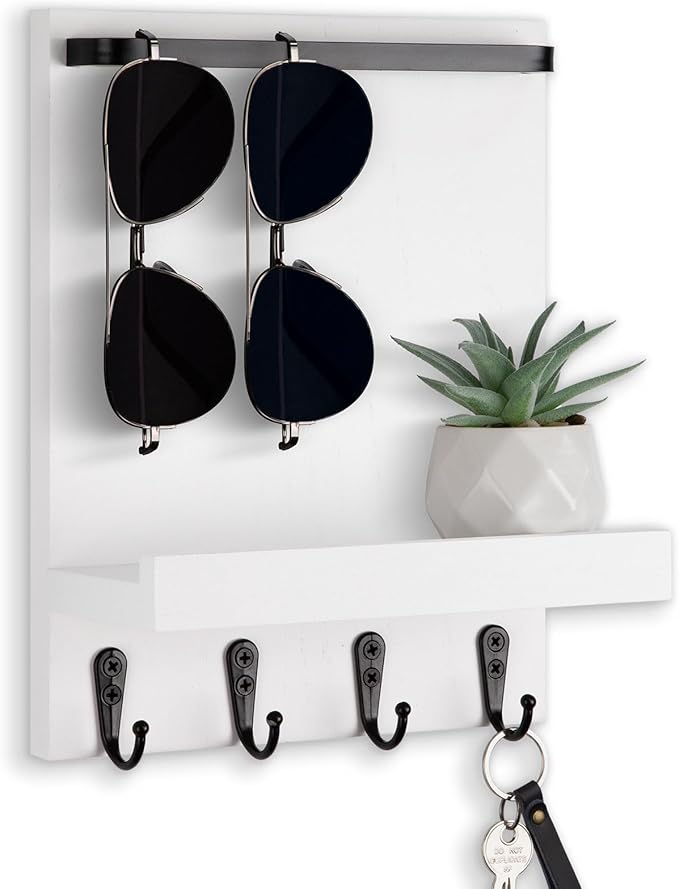 Lucundm Key Holder Wall Mount, Key Holder for Wall with 4 Hooks, Farmhouse Key Hanger Holds Dog Leash, Sunglasses – Decorative Mail Organizer Home Decor (White)