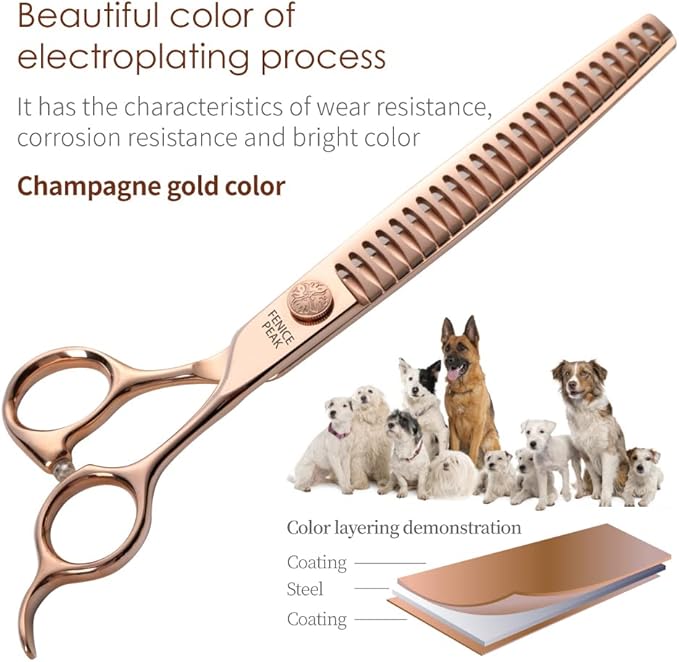 Fenice Peak Chunker Dog Grooming Scissors Champagne Gold 440C Stainless Steel Professional Trimming Thinning Shears for Dogs and Cats 75% Thinning Rate