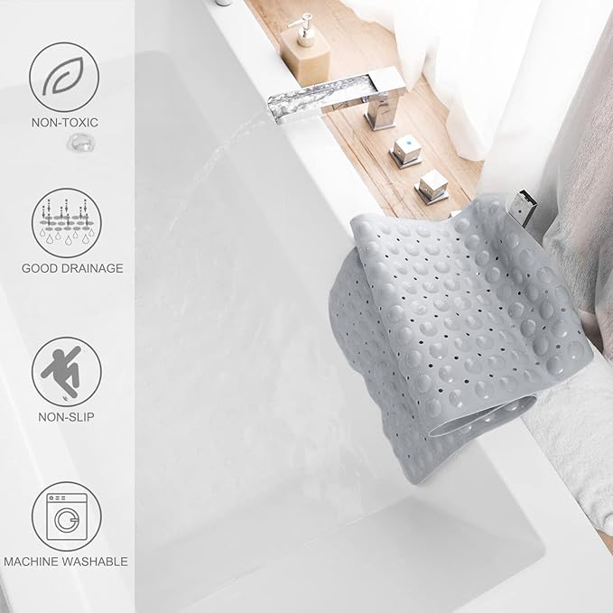Bathtub Mats for Shower Tub, Extra Long Non-Slip 39 x 16 Inch Bath Mat with Drain Holes and Suction Cups, BathMat for Bathroom with Machine Washable (Opaque Gray)