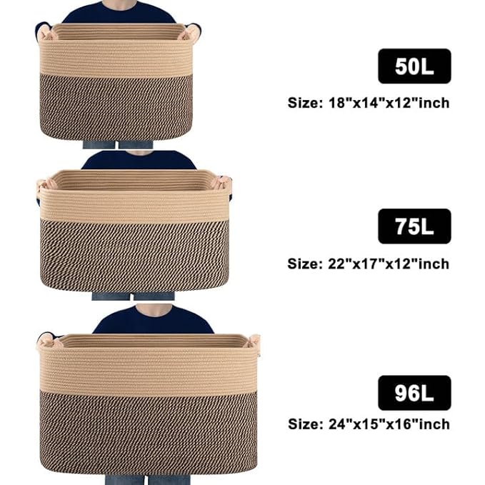 SIXDOVE 75L Large Blanket Basket, Toy Basket Bin for Kids, Cotton Rope Woven Storage Basket for Living Room, Bedroom, Nursery, Baby Room Decorative Organizer, 22''×17''×12'', Brown & Black