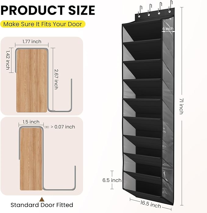 10 Tier Clear Over the Door Shoe Organizer with Deep Pockets, Door Shoes Rack with Hard Tube to Keep the Shape, Hanging Shoe Rack for Closet Organizers & Storage, Behind Door Shoe Holder Black