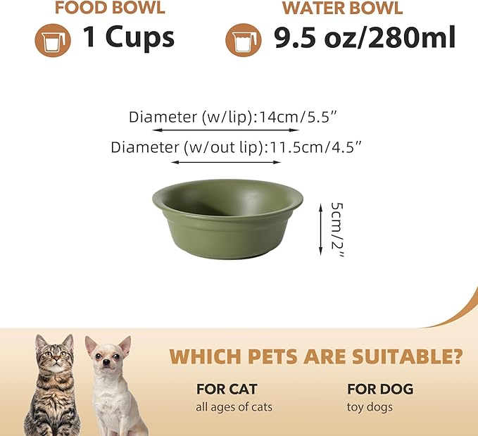 Ceramic 5.5inch Set of 2 Dog and Cat Bowls, 2pcs Basic 1 Cup Food or 9.5 oz Water Dishes for Puppy, Kitty, Wide Opening Rounded Edge (2 Bowls, Olive Green)