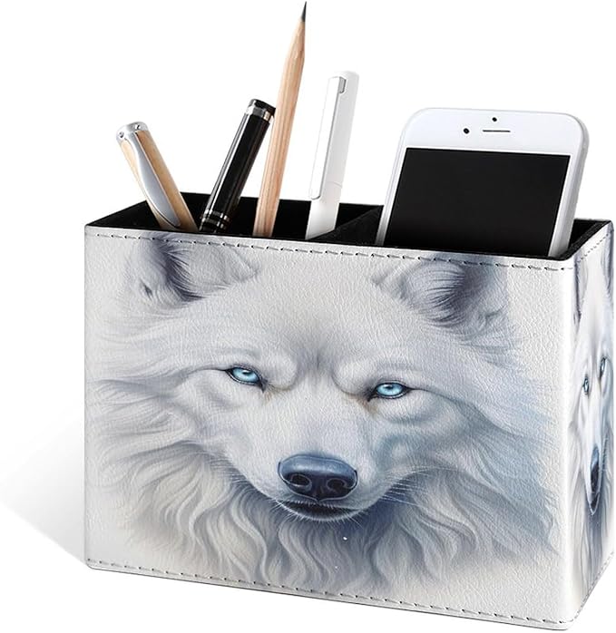 Famame White Wolf Fox Head Pencil Holder for Desk, Leather Desktop Container Pen Cup Storage Study Table Pen Organizer Makeup Brush Holder for Classroom Office Home