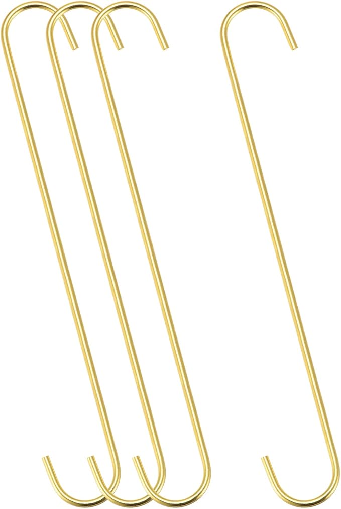 uxcell S Hanging Hooks, 12inch/300mm Extra Long Steel Hanger, Indoor Outdoor Uses for Garden, Bathroom, Closet, Workshop, Kitchen, Gold Tone, 4Pcs
