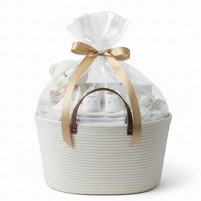 Colingmill Valentine's Day Empty Woven Gift Basket with PU Leather Handle and Bag 12" x 8" x 5"Cotton Rope Basket Organizer for Pet Toy Storage Baby Shower Birthday Party Wrapping Gift(16.5*10*9 Inch)