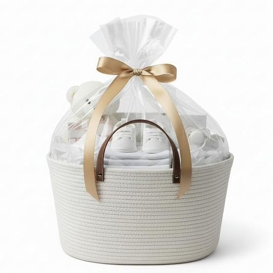 Colingmill Valentine's Day Empty Woven Gift Basket with PU Leather Handle and Bag 12" x 8" x 5"Cotton Rope Basket Organizer for Pet Toy Storage Baby Shower Birthday Party Wrapping Gift(16.5*10*9 Inch)