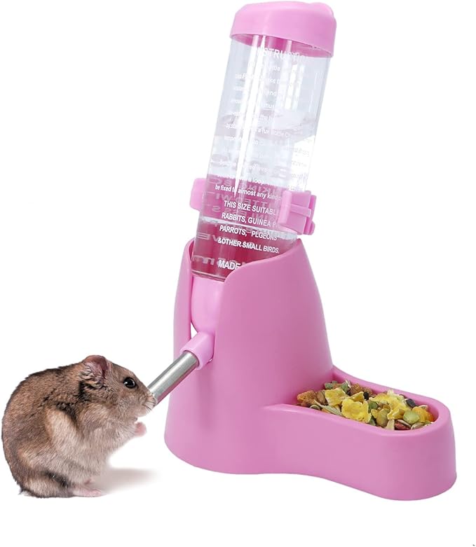 Wontee 3 in 1 Hamster Water Bottle Small Pet Automatic Water Dispenser with Food Container Base Hideout for Dwarf Hamster Mice Gerbils, 2 Pack (Pink, 125ML)