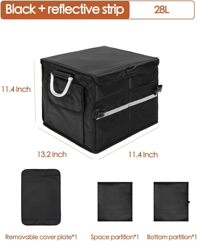 Trunk Organizer With Lid,Small,Black 28L,For SUV Car Truck,Collapsible Waterproof Oxford Fabric,Portable Multipurpose sorting,2-Compartments with Aluminium Alloy Handle