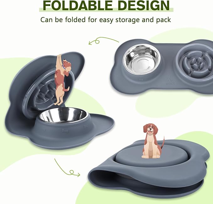 Pecute Slow Feeder Dog Bowls to Slow Down Eating, Dog Bowl Slow Feeder with No-Spill Non-Skid Silicone Mat, Food-Grade Safe Dog Food Bowls Slow Feeder, Stainless Steel Dog Water Bowl for Dogs Cats