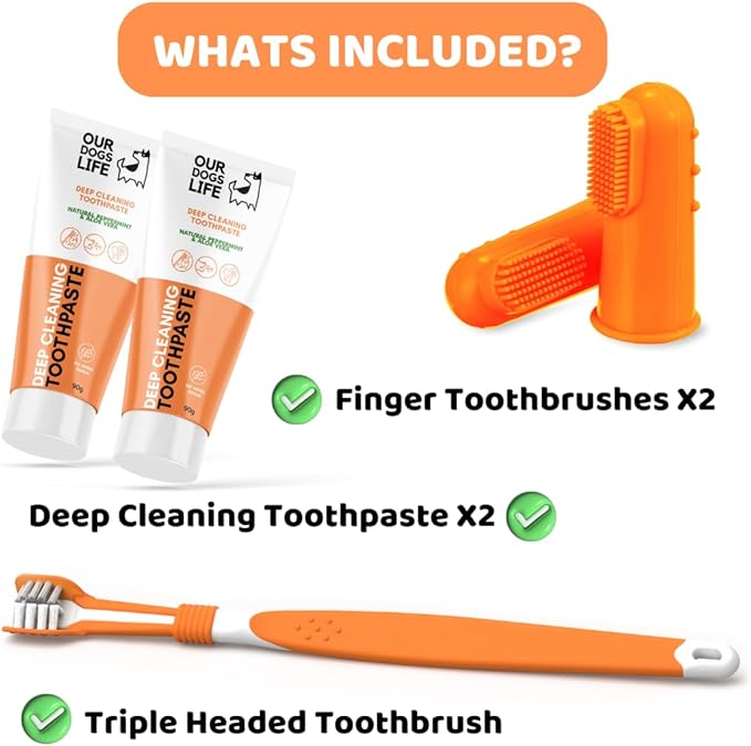 Dog Toothbrush with Toothpaste | Approved Dog Dental Kit | One Triple Headed Deep Cleaning Toothbrush for Dogs-Two 100% Natural Toothpaste(90g Each)-Two Finger Brushes | Freshen Breathe Remove Plaque