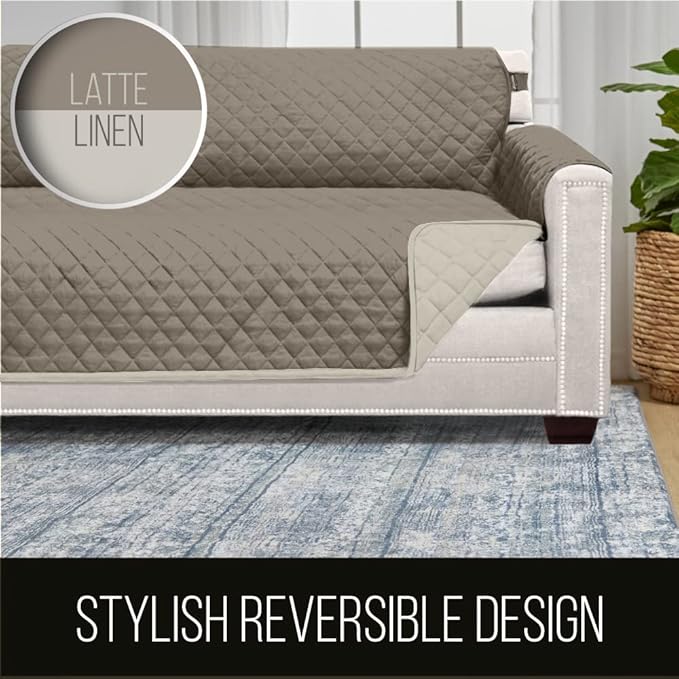 Sofa Shield Couch Slip Cover with Patented Strap, Cushion Protector, US Designed Reversible Stain and Dog Tear Resistant Slipcover, 70 inch Seat, Washable Covers for Dogs Pets, Latte Linen
