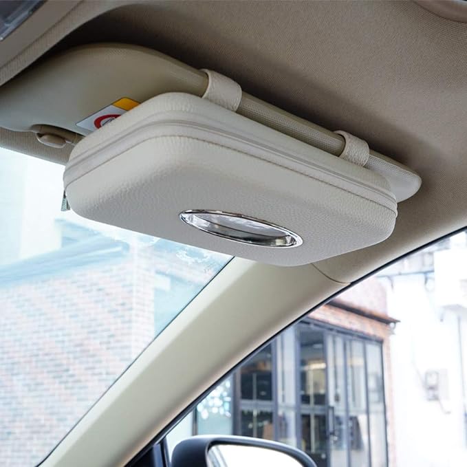 Car Tissue Holder - Sun Visor Napkin Holder, PU Leather Backseat Tissue Case for Vehicle (Beige)