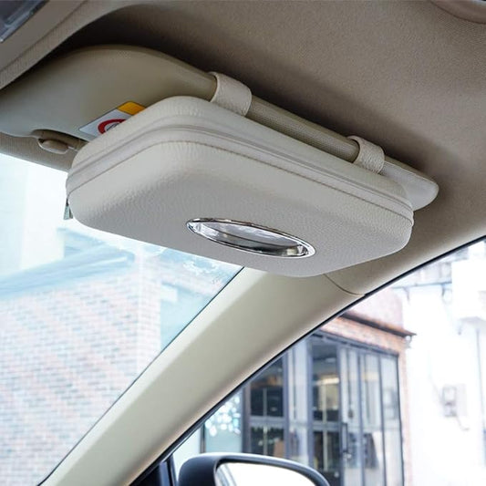 Car Tissue Holder - Sun Visor Napkin Holder, PU Leather Backseat Tissue Case for Vehicle (Beige)