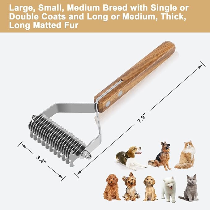 Undercoat Rake for Dogs - Dual-Sided Deshedding Blade, Wooden Handle, Professional Pet Grooming Tool with Matting Remover & Shedding Control for Double Coat Dogs & Long-Haired Cats, Large