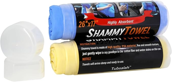Tubsalah Premium Shammy Cloth for Car Drying - 2 Pack (26”x17”) - Super Absorbent Synthetic Chamois Bathroom,Pets, Dust Remove,- Reusable Non-Scratch Vehicle Dry Towel (Yellow & Blue)